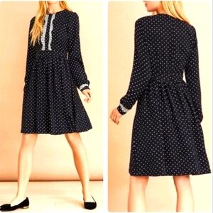 Brooks Brothers Red Fleece Dress Black White Polka Dot Long Sleeve Fitted Waist